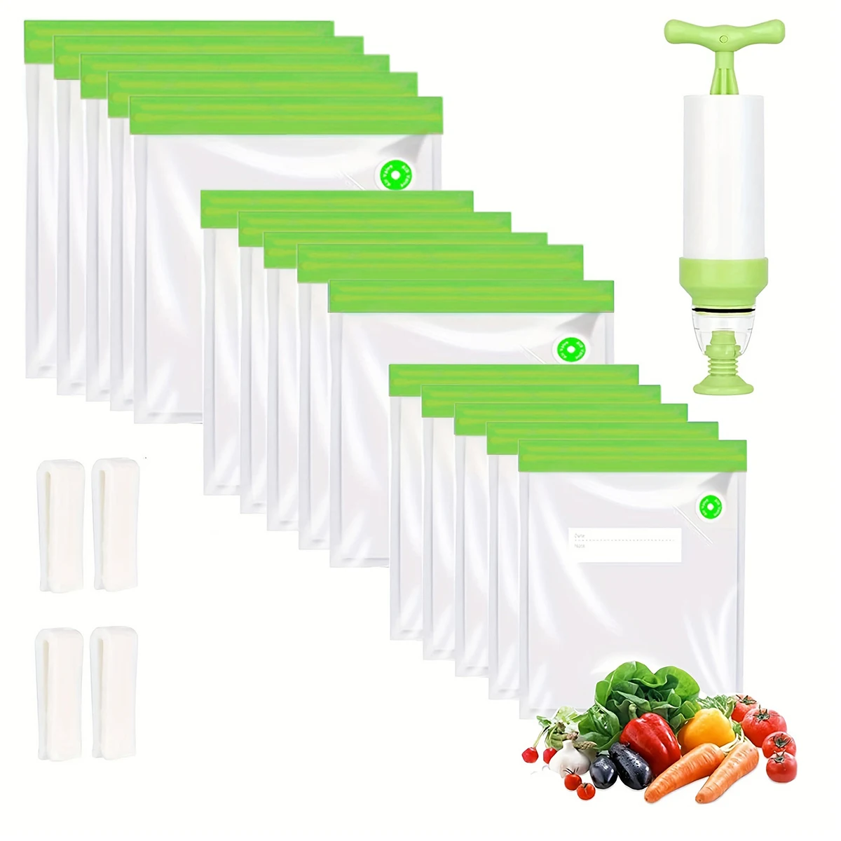 20 Packs (15pcs Reusable Sous Vide Bags+ 4pcs Sealing Clips +1 Hand Pump) Vacuum Sealer Bags,Reusable Vacuum Food Storage Bag