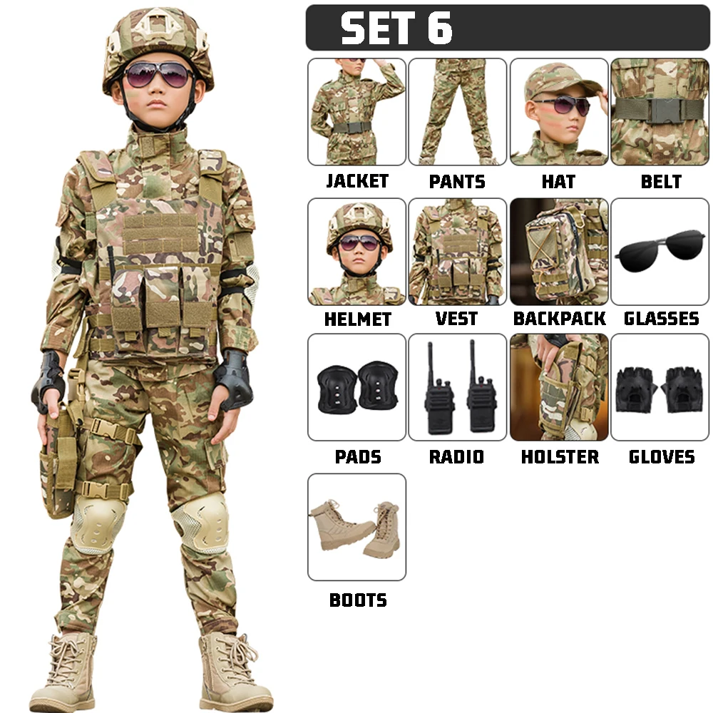 Kids Military Tactical Training Uniform Set Children Camouflage Top Pants Suit Boys Girls Special Forces Outdoor Combat Costume