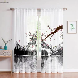 2 Pieces Landscape Ink Painting Printed Curtains Black and White Rod Pocket Bedroom Living Room Study Decorative Curtains