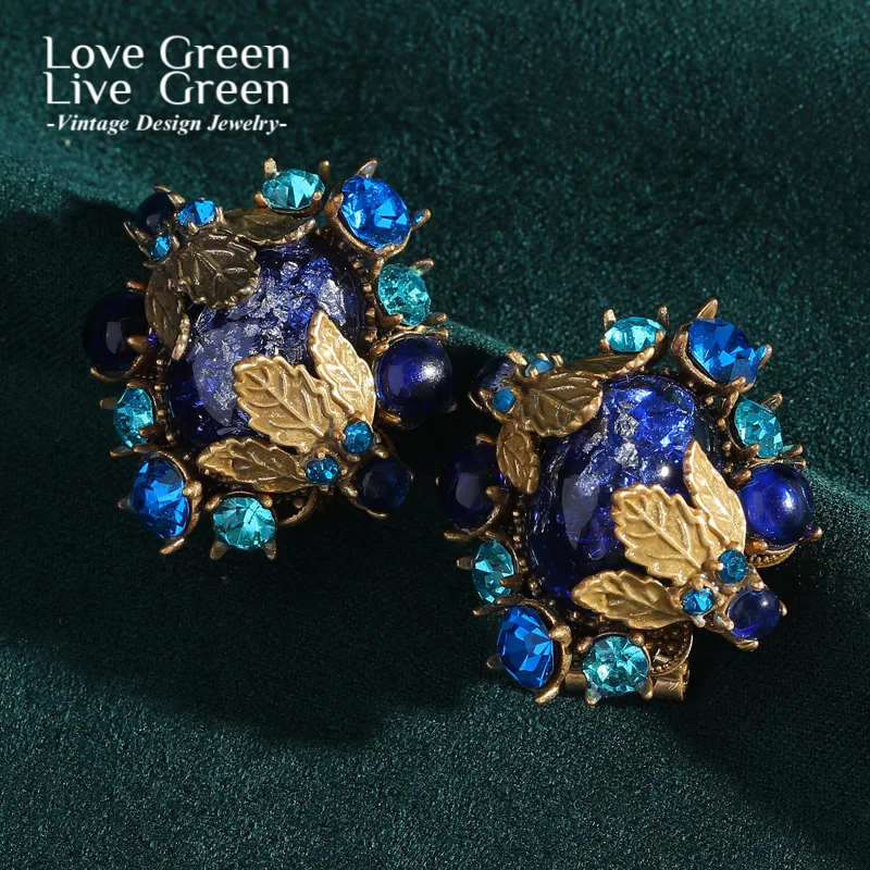 

Vintage Blue Lapis Lazuli Stud Earring Natural Stone Flower Gold Color Leaf Luxury Jewelry For Woman Accessories Wedding 2025