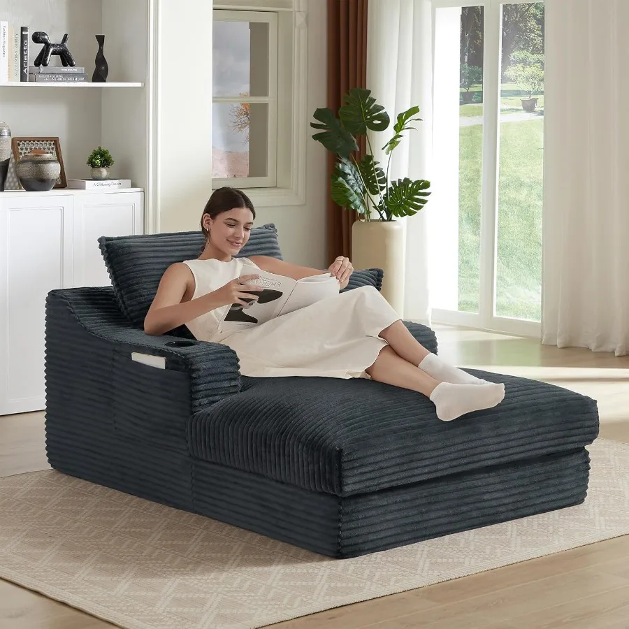 

Негабаритное кресло-шезлонг, кресло для отдыха без костей с 2 подстаканниками и 2 карманами для хранения, стулья для чтения с глубоким сиденьем для