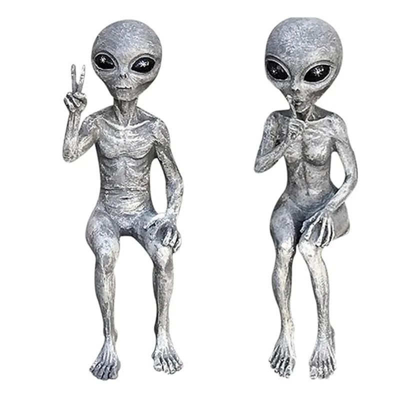 2Pcs Resin Alien Statues Peace Alien Figurines Halloween Home Decor Funny Sculpture Gift for Space Lovers Outdoor Desktop Orname view 3