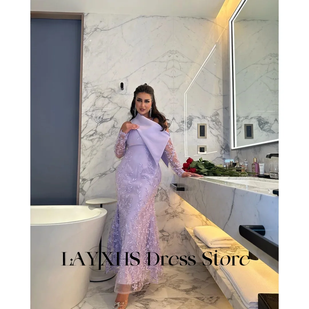 Personalizado beading floral sereia vestidos de noite lilás cetim tornozelo comprimento árabe saudita formal vestido de festa espartilho vestido de baile 2025