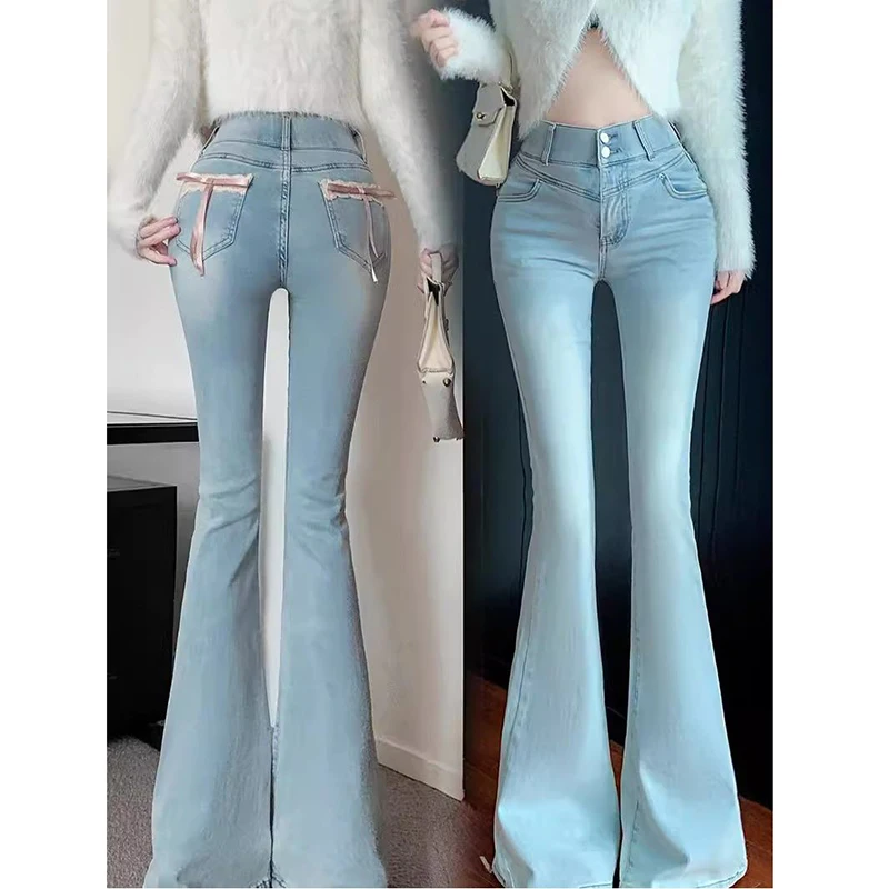 

Женские зимние синие джинсы-клеш с высокой талией, облегающие, с завязками, удлиненные, для коррекции фигуры