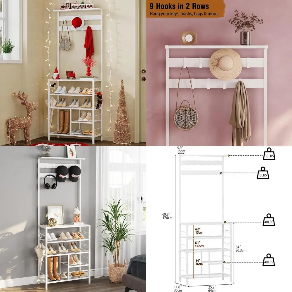 

5-Tier Wooden Hall Tree with 9 Metal Hooks for Entryway, Shoe Storage, Coat Rack, and Home Office Organization