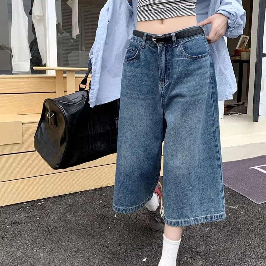 

Женские джинсы в стиле ретро, американские семь футов, широкие брюки с высокой талией, летние потертые потертые модные корейские стильные популярные девушки