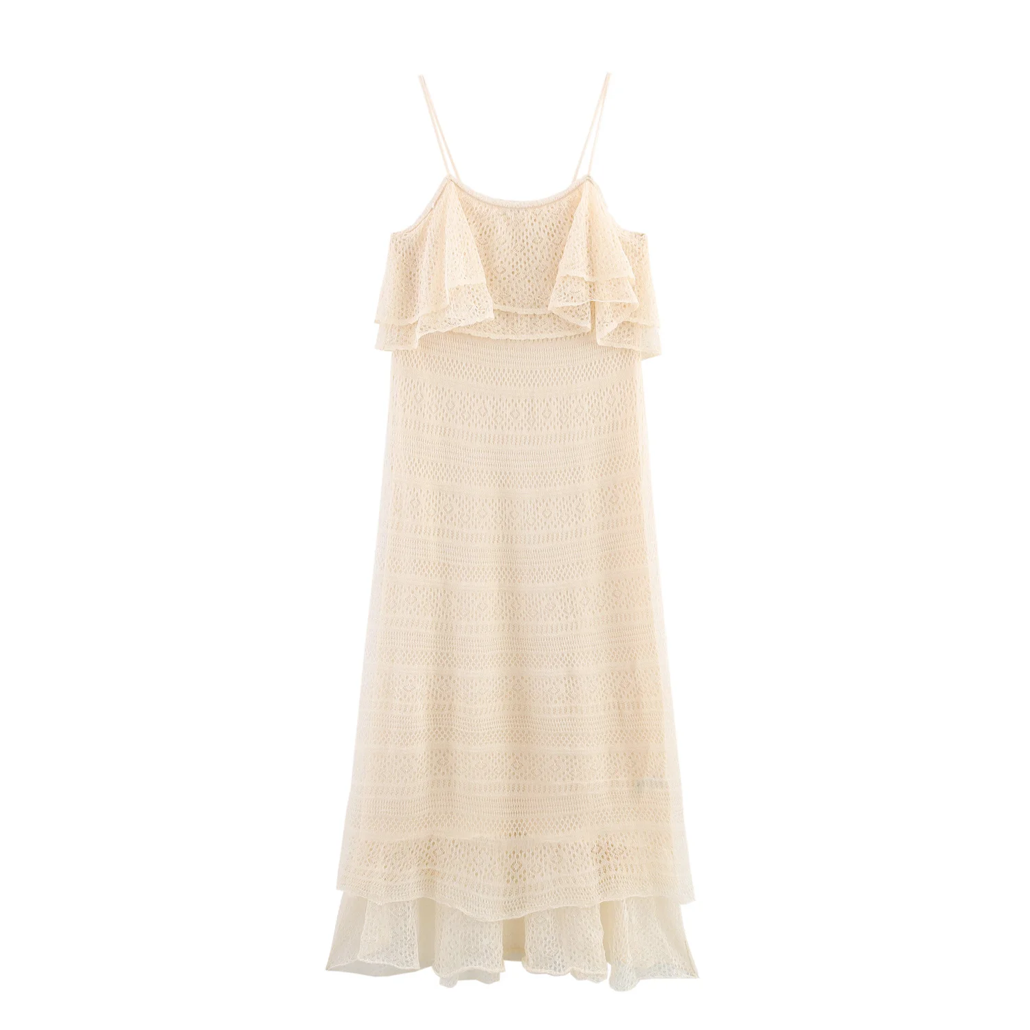 Dave & di francês retro bege em camadas crochê jacquard vestido feminino verão minimalista moda senhoras elegante suspender vestido feminino