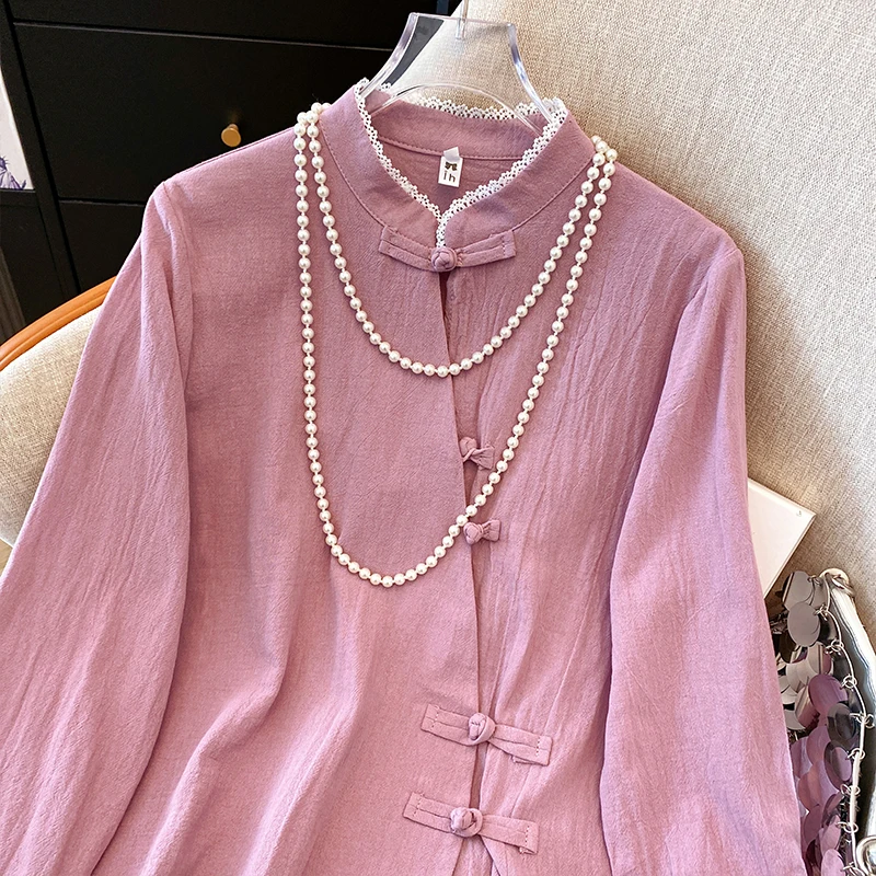 면 블라우스 여성 긴팔 루즈 셔츠 오피스룩 캐주얼 탑 중국풍 빈티지 버클 탑