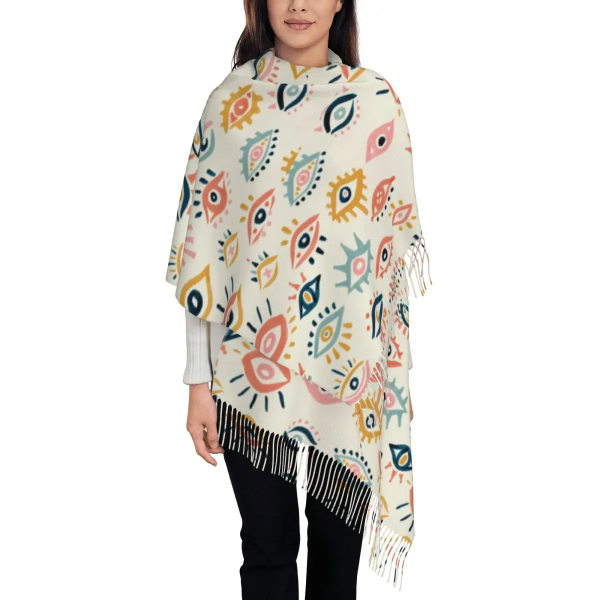 

Mystic Eyes Primary Palette Scarf Wrap for Women Long Winter Fall Warm Tassel Shawl Unisex Hamsa Amulet Scarves