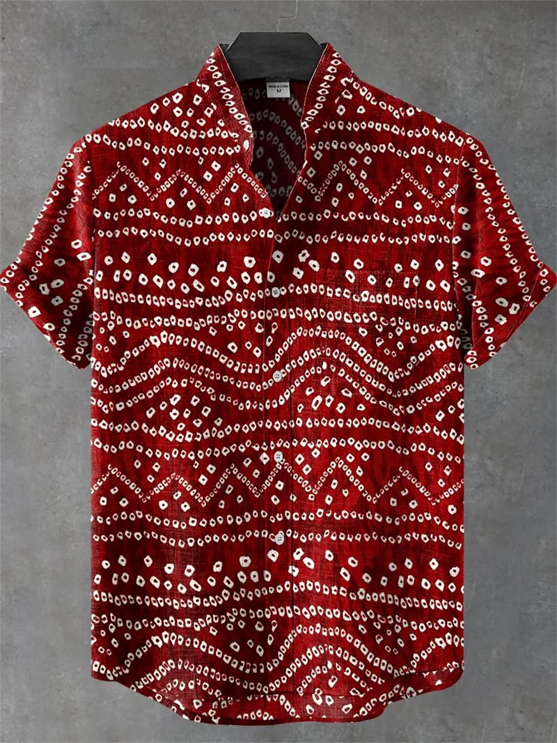 قميص رجالي كتان مطبوع هندسي ثلاثي الأبعاد بأكمام قصيرة نمط فني مريح عالي الجودة، أزرار صيفية #3