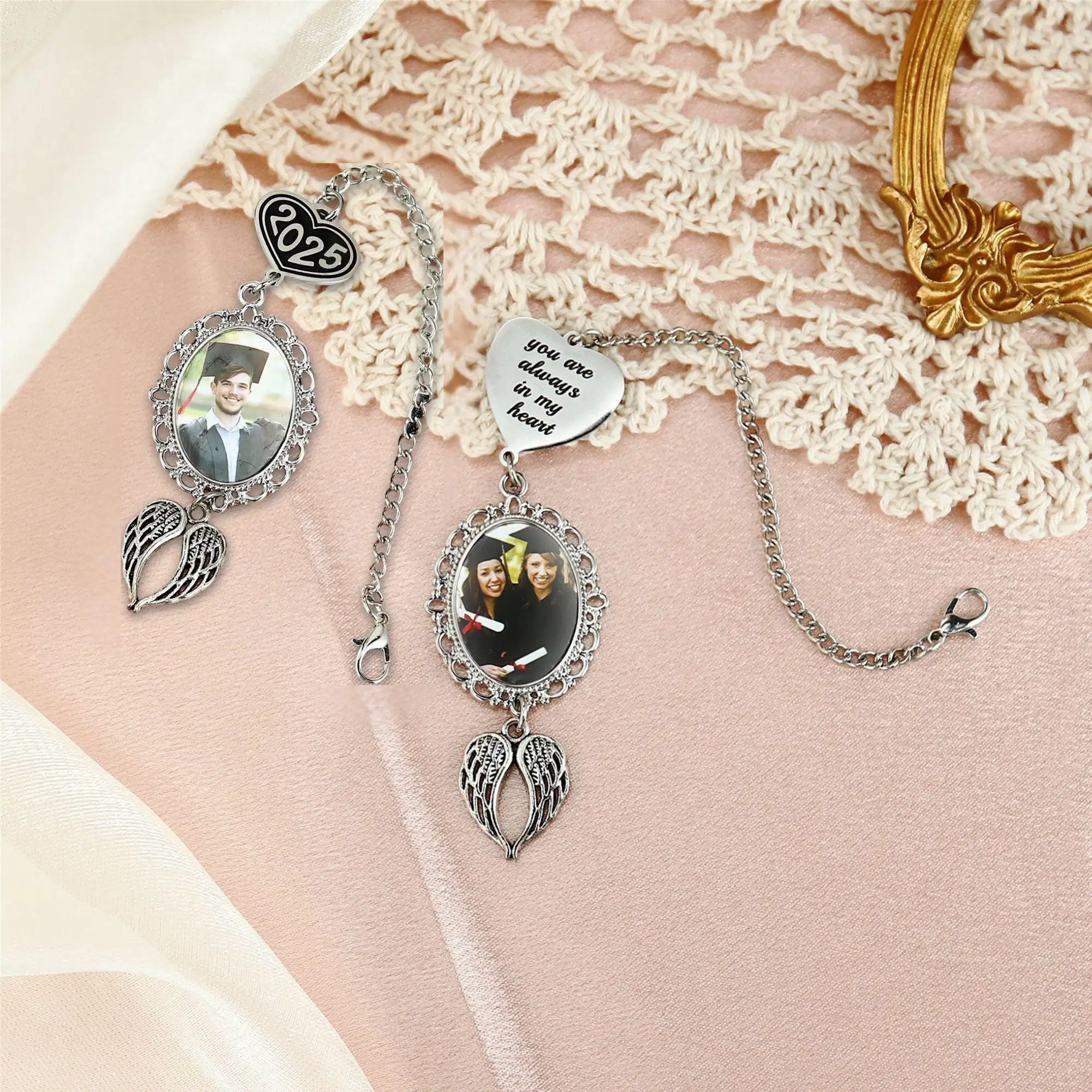 

Custom Text Graduation Tassel Photo Charm with Angel Wings,Memorial Graduation Gift For Her,Memorial Graduation Cap Charm 2025