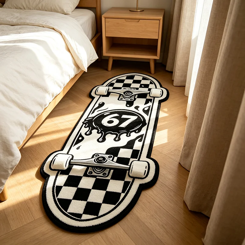 Cool Street‑Style Retro Skateboard Shaped Rug Black White Checkerboard Unique Floor Mat Home Decor Bedroom Bedside Plush Carpet