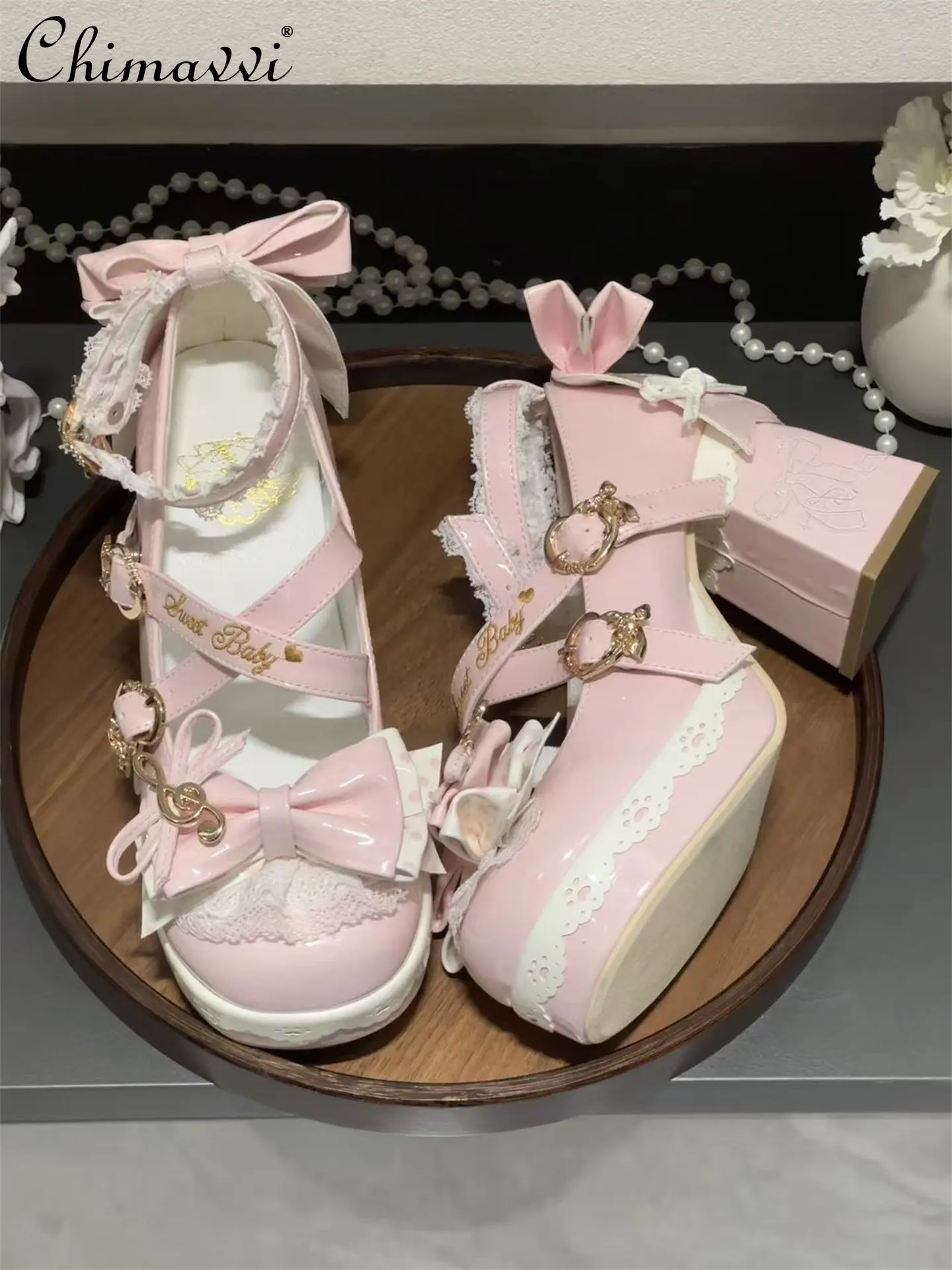 

Original Sweet Lolita Lace Round Toe Chunky Heel Lo Shoes 2026 Summer New Fashion Cute Girls Mary Janes High Heels Pumps
