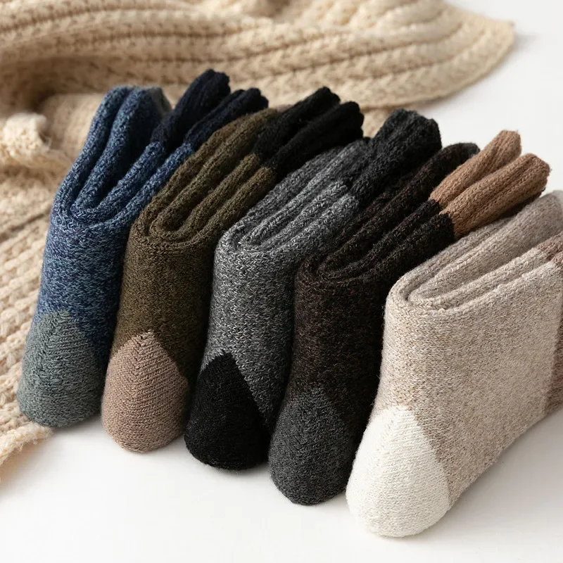 5Pairs Men's Winter Wool Socks Super Thick Socks Towel Bottom Fashion Patchwork Color Keep Warm Snow High Quality Midtube Socks