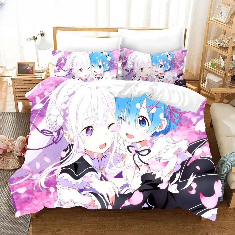 Juego de ropa de cama con estampado 3D de dibujos animados Rem Ram, vida en un mundo diferente desde cero, juegos de funda nórdica de Anime, edredón, ropa de cama para niños