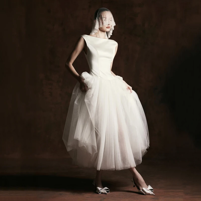 Suknia ślubna Eightree w stylu boho na plażę dla kobiet, fason A, bez rękawów, dekolt okrągły, długość do herbaty, suknie ślubne na zamówienie, Vestidos De Novia