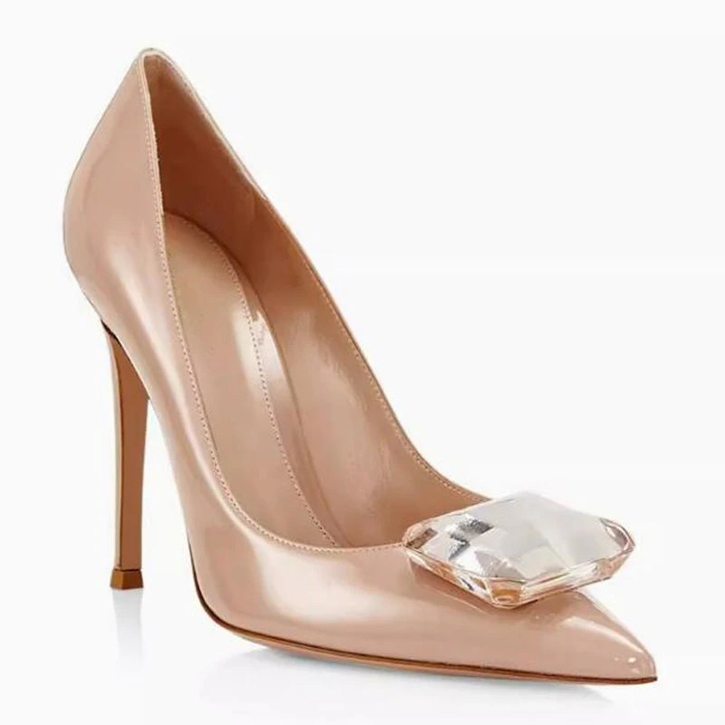 Sexy Square Big Crystal Patent Leather Pumps Stiletto Heels Shallow Slip On Pointed Toe Party Gemstone High Heel Shoes Woman