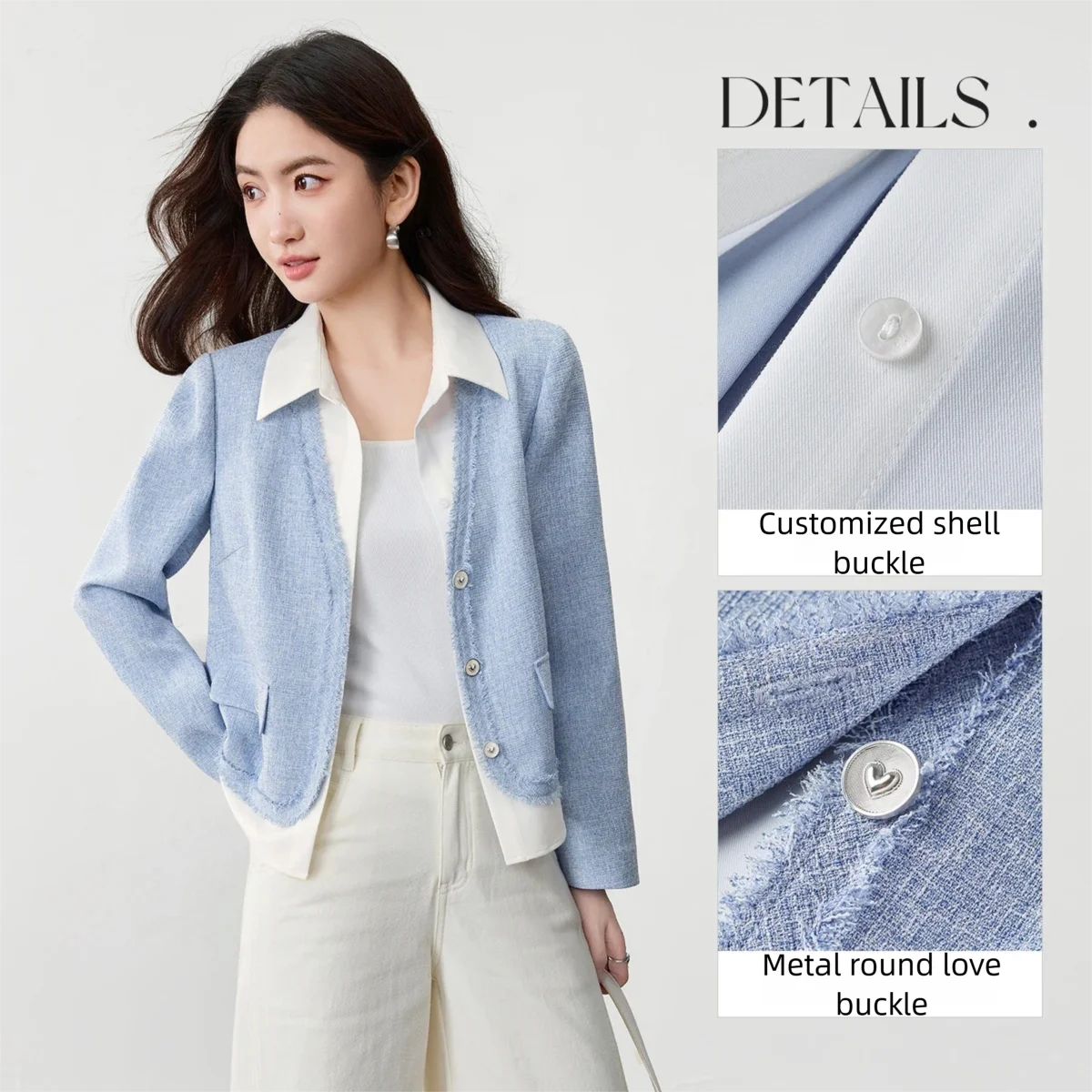 SENTUBILA Women's Short Coat Color-Block Paneled Mock-Two-Piece Coat 2025 Autumn Elegant Long-sleeve Fringed Jackets 153WA2087