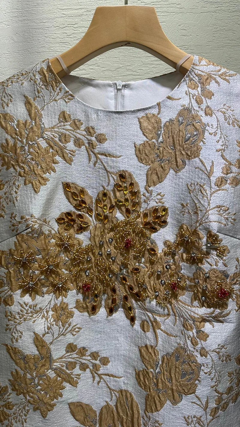MIUXIMAO 2025 moda real lujo Jacquard vestidos de verano vestido Floral dorado A-LINE vestido corto de diamantes mujeres Vestides