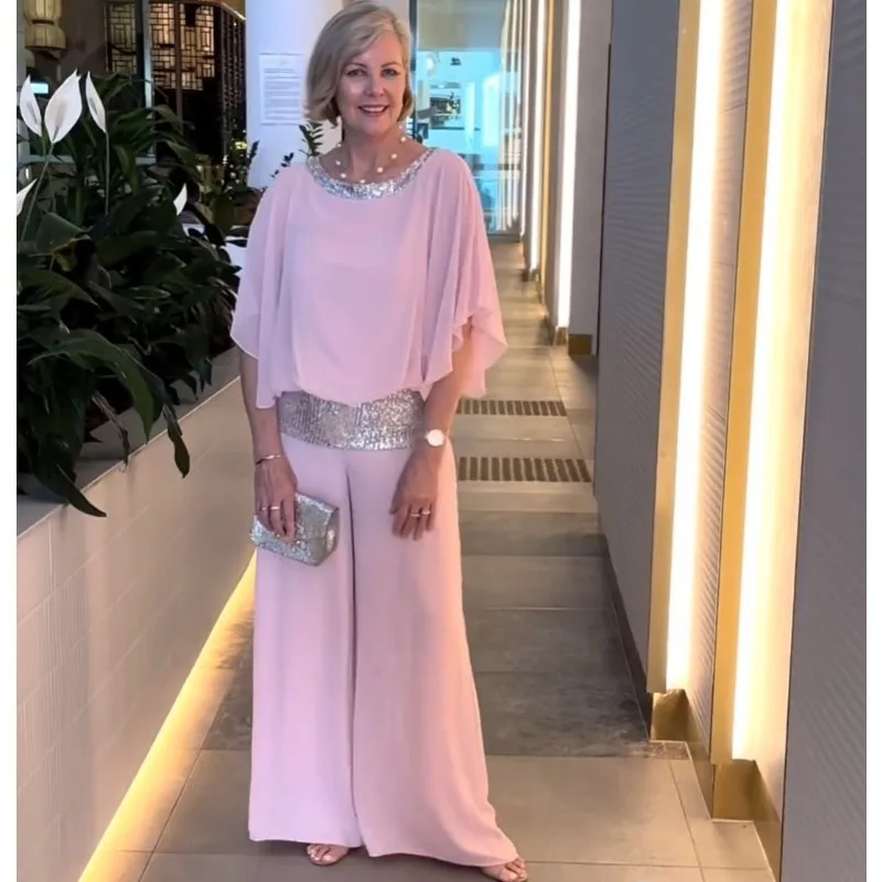 Summer new women's suit casual round neck sequin color matching wide-leg pantsuit women