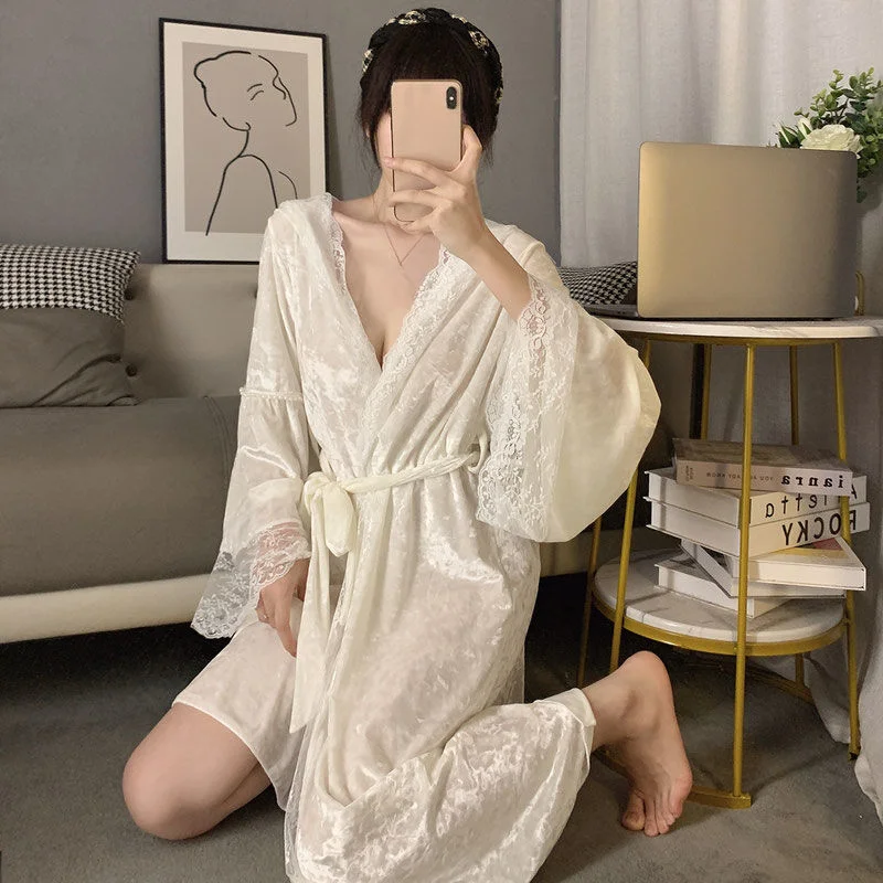 

Длинный кружевной халат с капюшоном Pure Desire Palace Style, домашняя одежда, золотистая бархатная пижама, женский осенне-зимний сексуальный халат с длинными рукавами