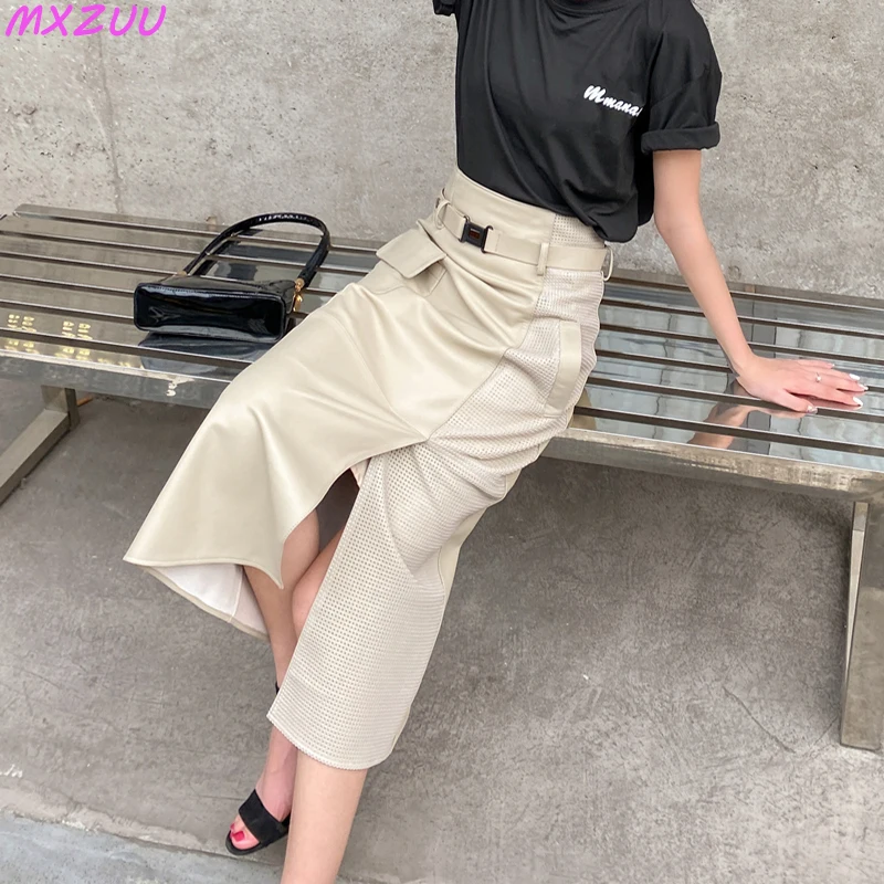 Women Clothes 2023 Spring Genuine Leather Falda Midi Mujer Sheepskin Beige High Waist A-line Maxi Skirt Front Slit Korean Style