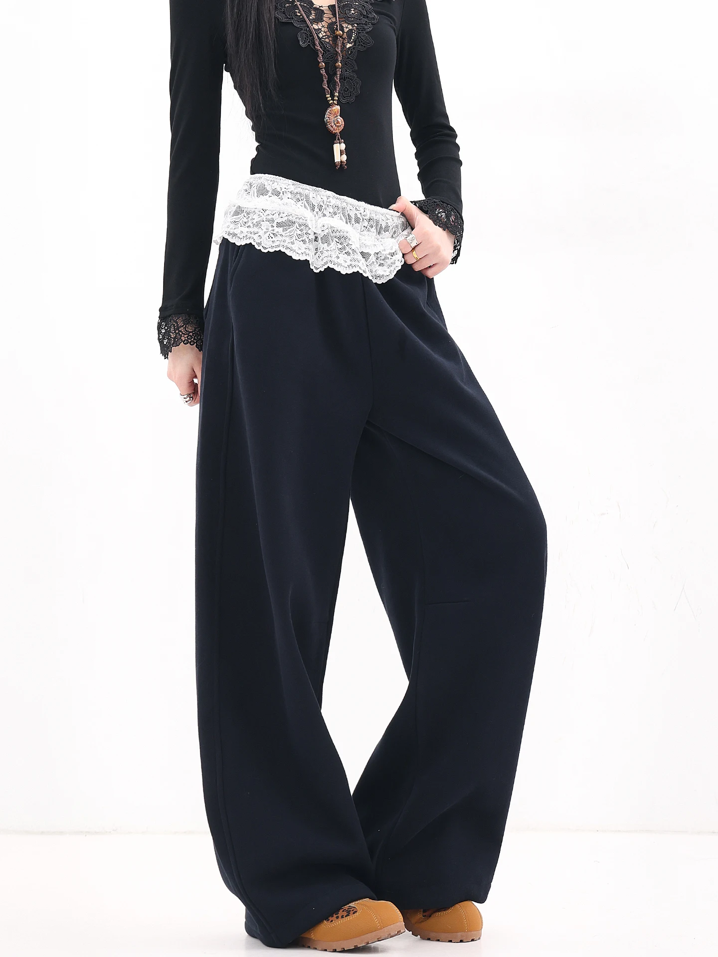 

Женские свободные широкие брюки Kenh Color Blo с кружевными вставками, на флисовой подкладке, с эластичным поясом, удлиненные, повседневные