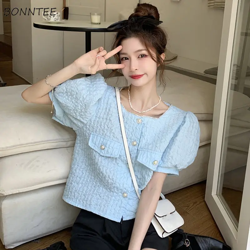 Shirts Women Student Single Breasted Summer Slim Basic Blusas Lady Solid Simple Crops Puff Sleeve Hot Sale High Street All-match