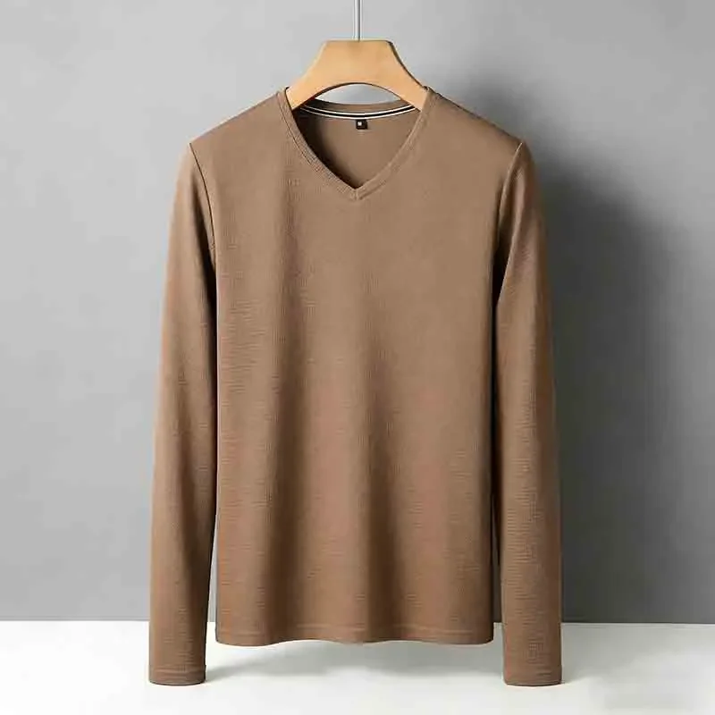 Bruin heren T-shirt met V-hals, lange mouwen, kreukherstellend, makkelijk te onderhouden, ademend, casual top