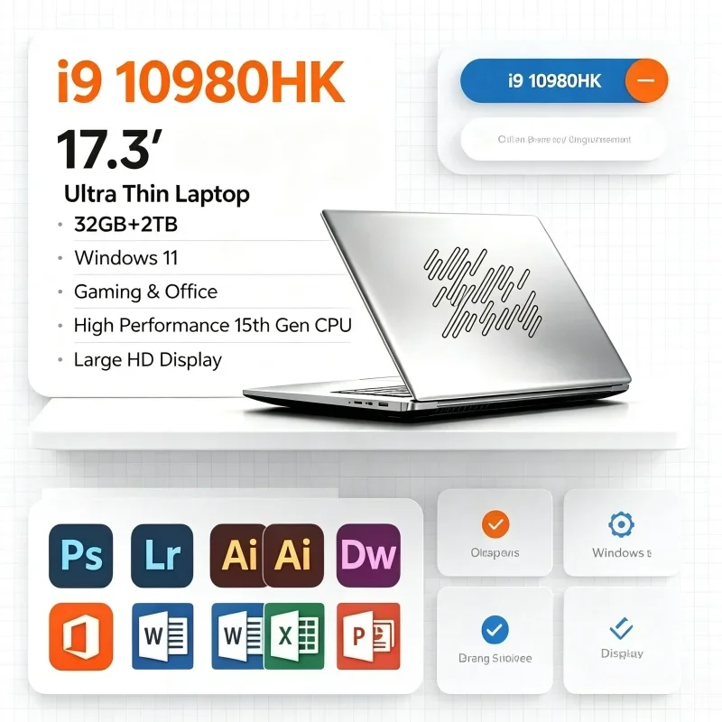 17.3 Inch HD Laptop Intel I9‑10980HK 32GB RAM 2TB SSD Win11 WiFi6 BT5.2 Fast Boot Portable Notebook PC For Office Daily Use