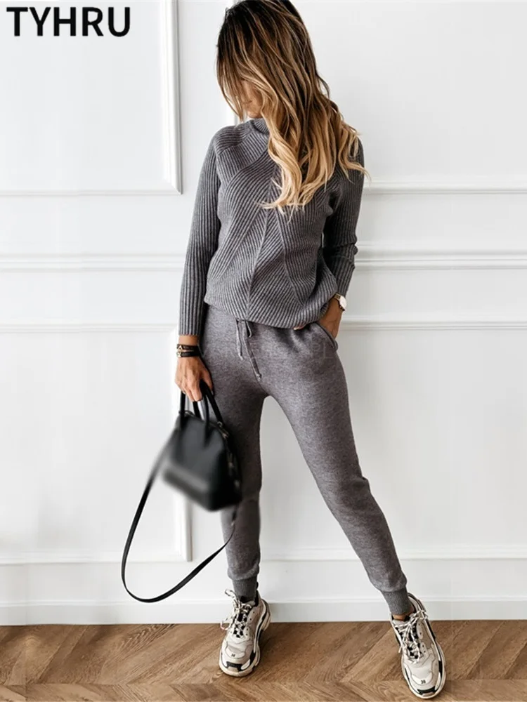 TYHRU Autumn Winter Women\'s tracksuit Solid Color Striped Turtleneck Sweater and Elastic Trousers Suits Knitted Two Piece Set