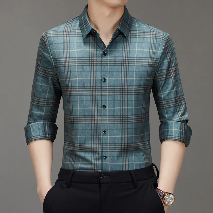 

Мужская рубашка Busin Plaid с длинным рукавом из ледяного шелка, свободного кроя, весенняя новинка, для мужчин среднего возраста, удобная, из полиэстера