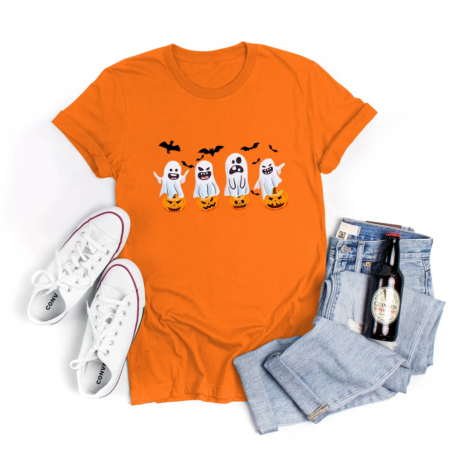 Zawaland T-shirts for Women Halloween Pumpkin Printed Tops Summer Graphic T-Shirt Halloween Orange Shirts Orange Tees Clothes