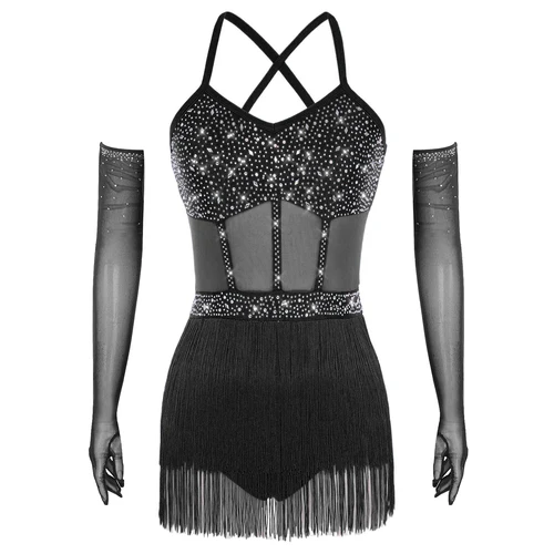 Imagen 2 del producto Womens Latin Dance Dress Sheer Mesh Patchwork Tiered Tassel Bodysuit Dress and Gloves for Tango Samba Dance Ballroom Dancewear