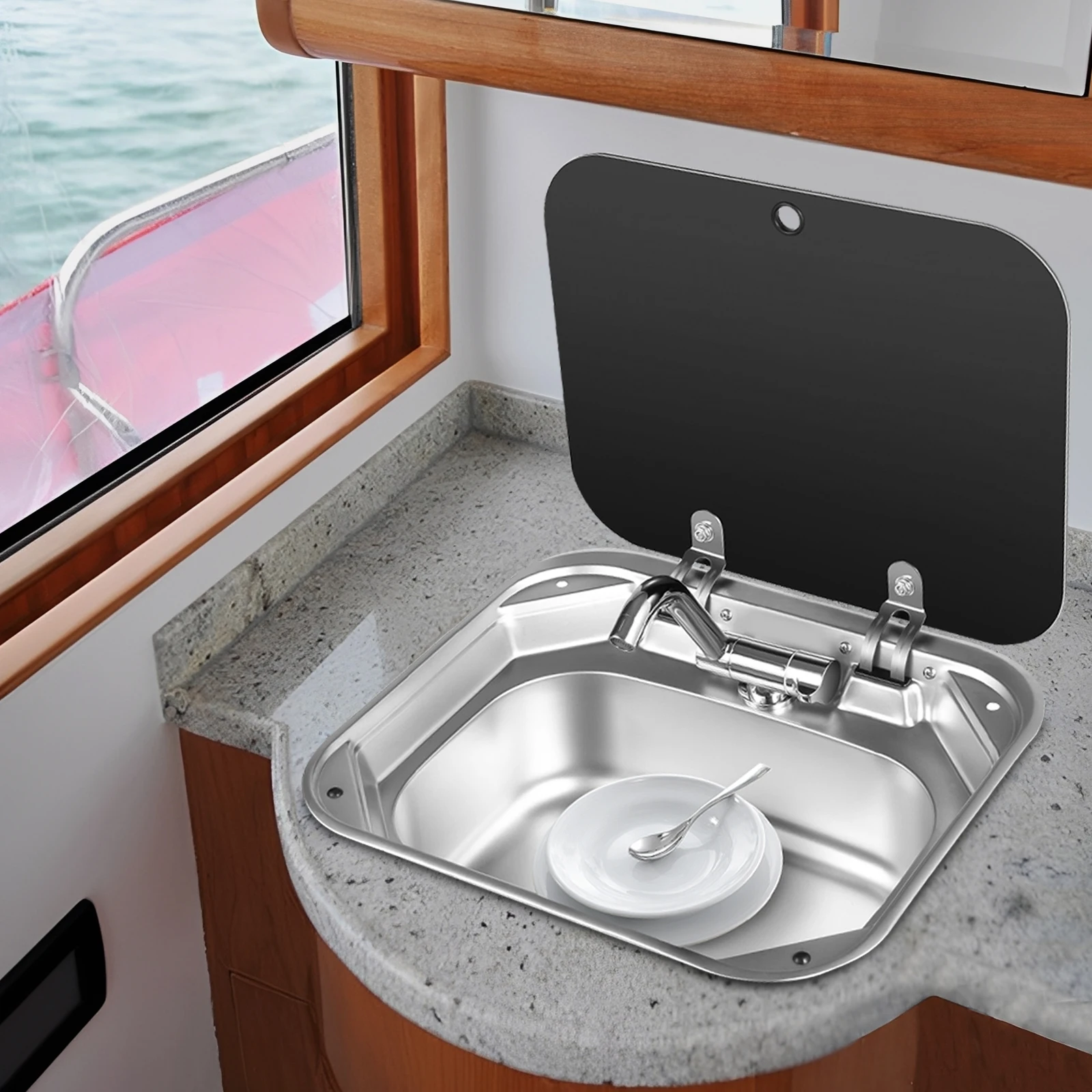 حوض RV حديث من الفولاذ المقاوم للصدأ 304 415*370*160 مم مع غطاء من الزجاج المقسى للتركيب تحت الطاولة