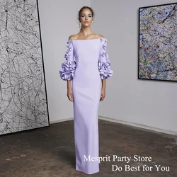 Lilac Evening Dress Customized Flower Long Sleeves Boat Neck Straight Back Mid Slit Prom Dresses فساتين للمناسبات الرسمية