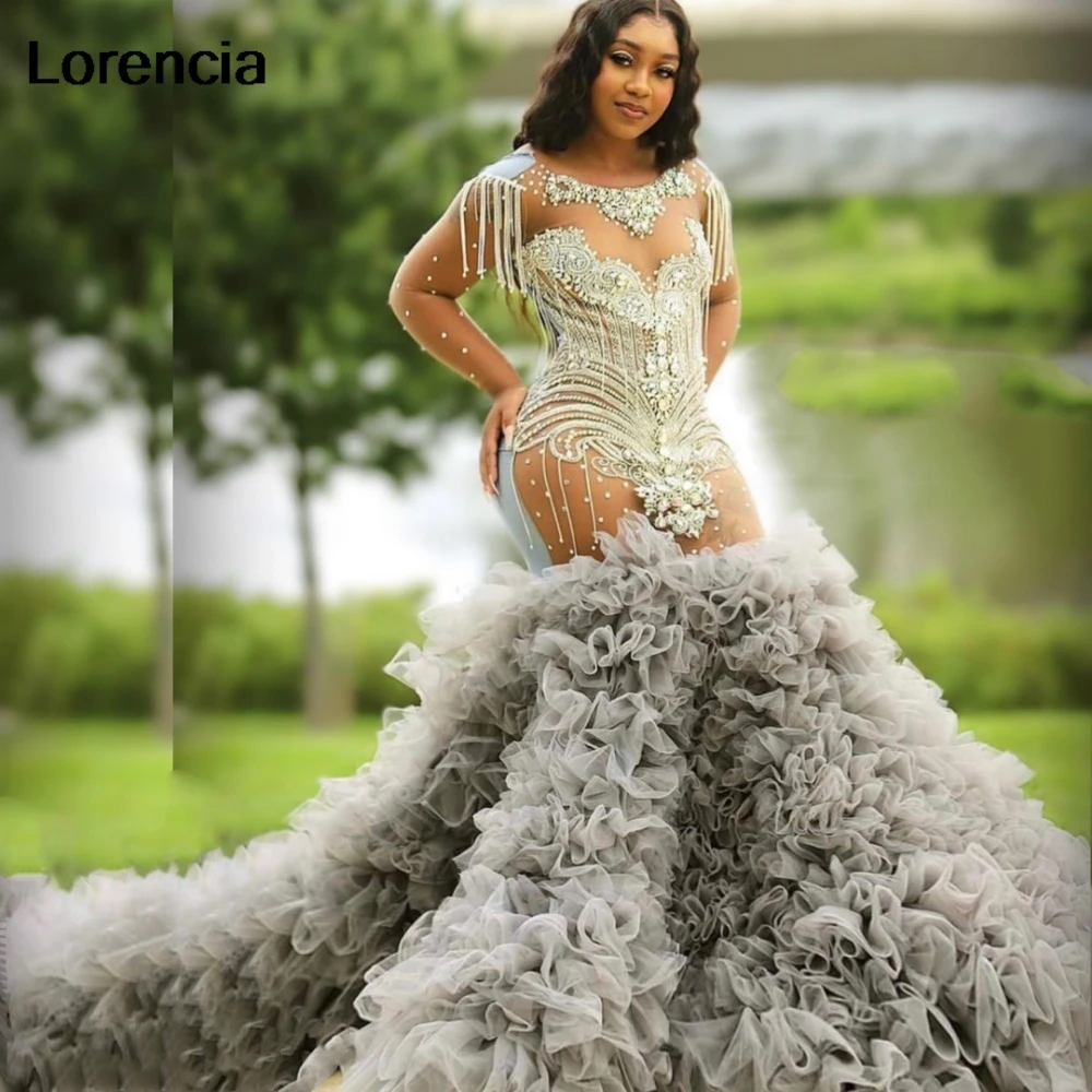 

Customized Sexy Aso Ebi Grey Velvet Ruffles Prom Dresses Shiny Silver Crystal Beaded African Tiered Birthday Party Gown YPD242