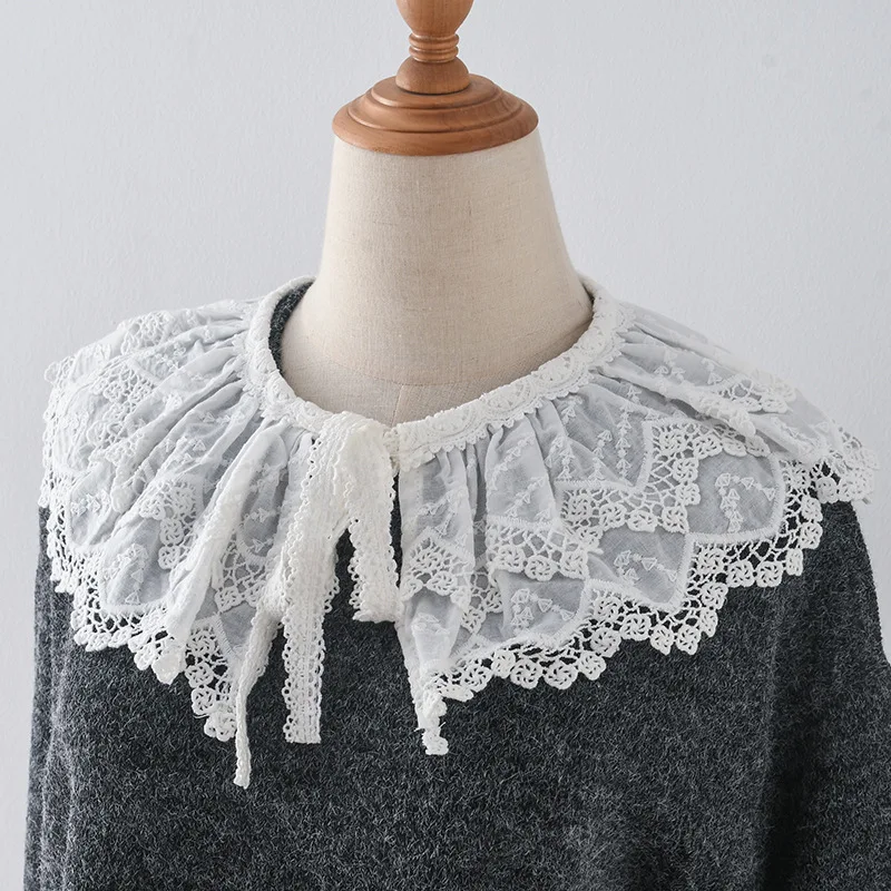 Womens Embroidery Double Layered Lace Up Shawl Wrap Sweet Dress Doll Collar Lapel Detachable Fake Collar Top Decor