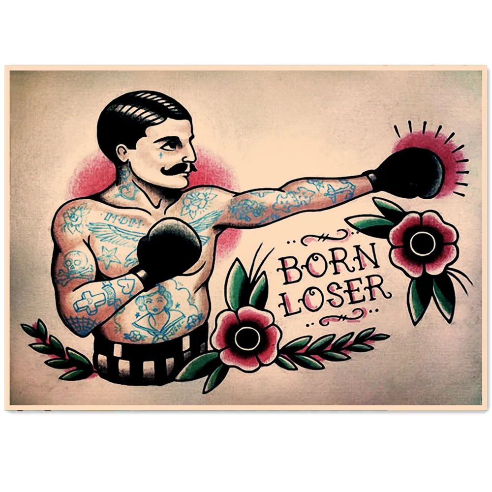 BORE LOSER Creative Tattoo Designs Wall Art Boxing Posters and Prints Vintage Kraft Paper Painting Wall Stickers Home Decoration