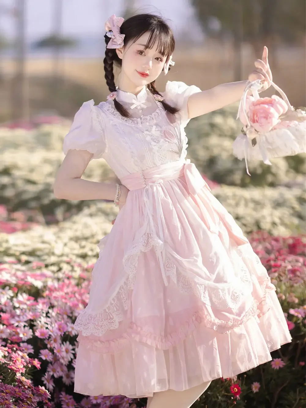 MAGOGO Pink Kawaii Lolita Dress Women Sweet Tulip Embroidery Puff Short Sleeve Princess Dress Harajuku Chinese Style Hanfu Dress