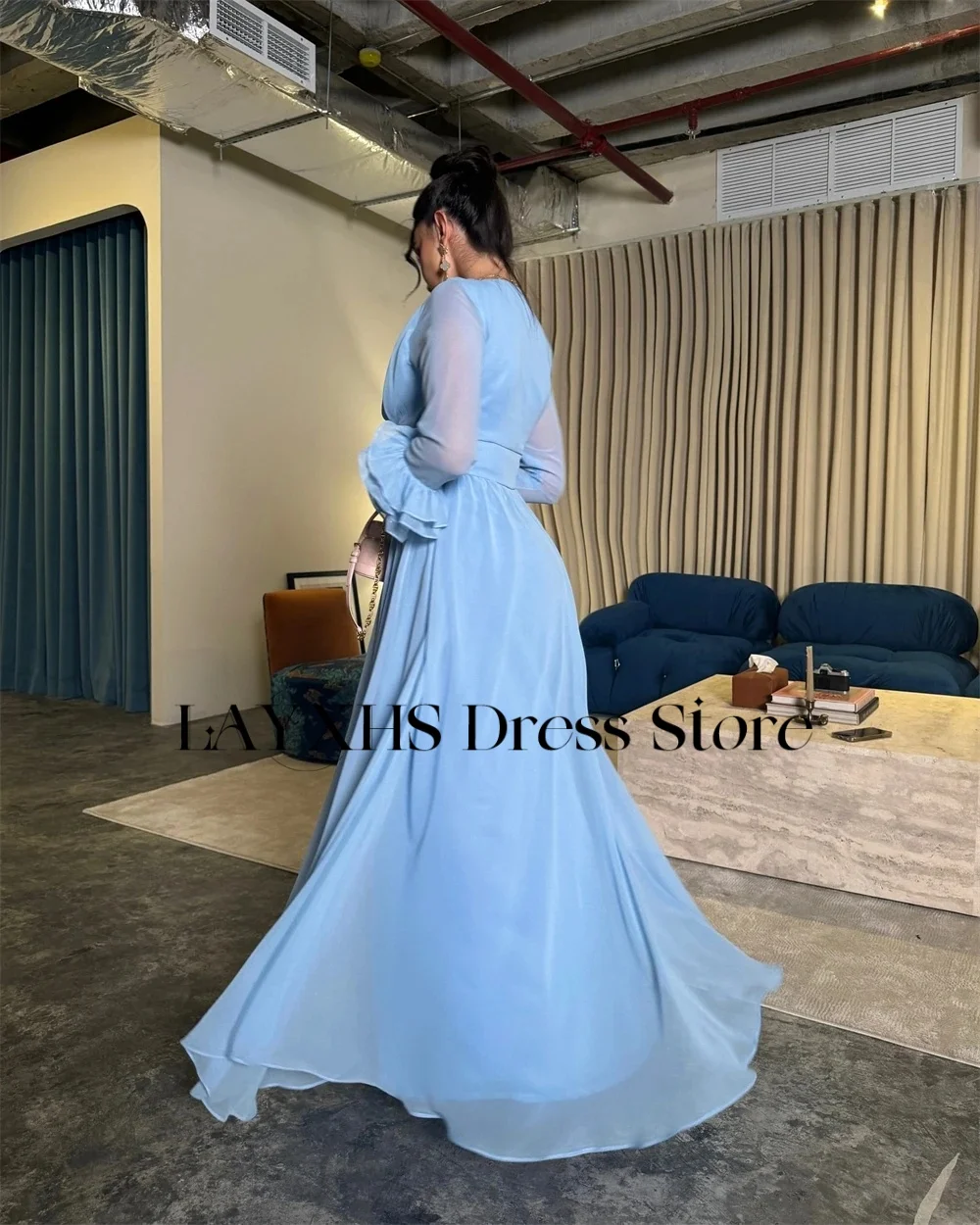 LAYXHS Simples Com Decote Em V Vestidos de Noite Azul A Linha Mangas Compridas Em Camadas Plissado Vestidos de Baile Personalizados فساتmavera