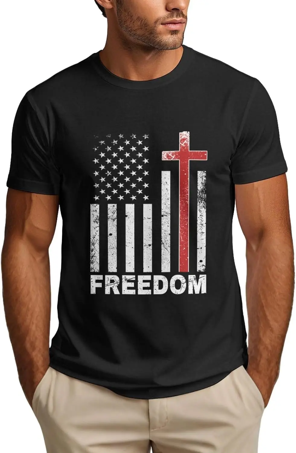 

Faith Family Freedom Shirt Patriotic Christian Vintage USA Flag Mens T-Shirt