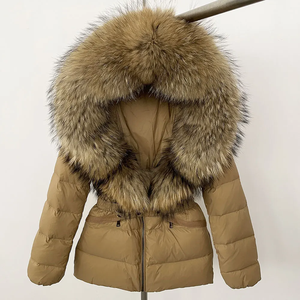 Nouveau 2025 hiver femmes à capuche blanc canard vers le bas manteau naturel réel raton laveur renard fourrure col veste ceinture épais chaud vêtements d'extérieur décontractés