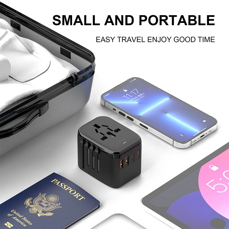 Adaptador de viaje Universal todo en uno, cargador de viaje con 2 puertos USB y 2 cargadores de pared tipo C para EE. UU., UE, Reino Unido, AUS,