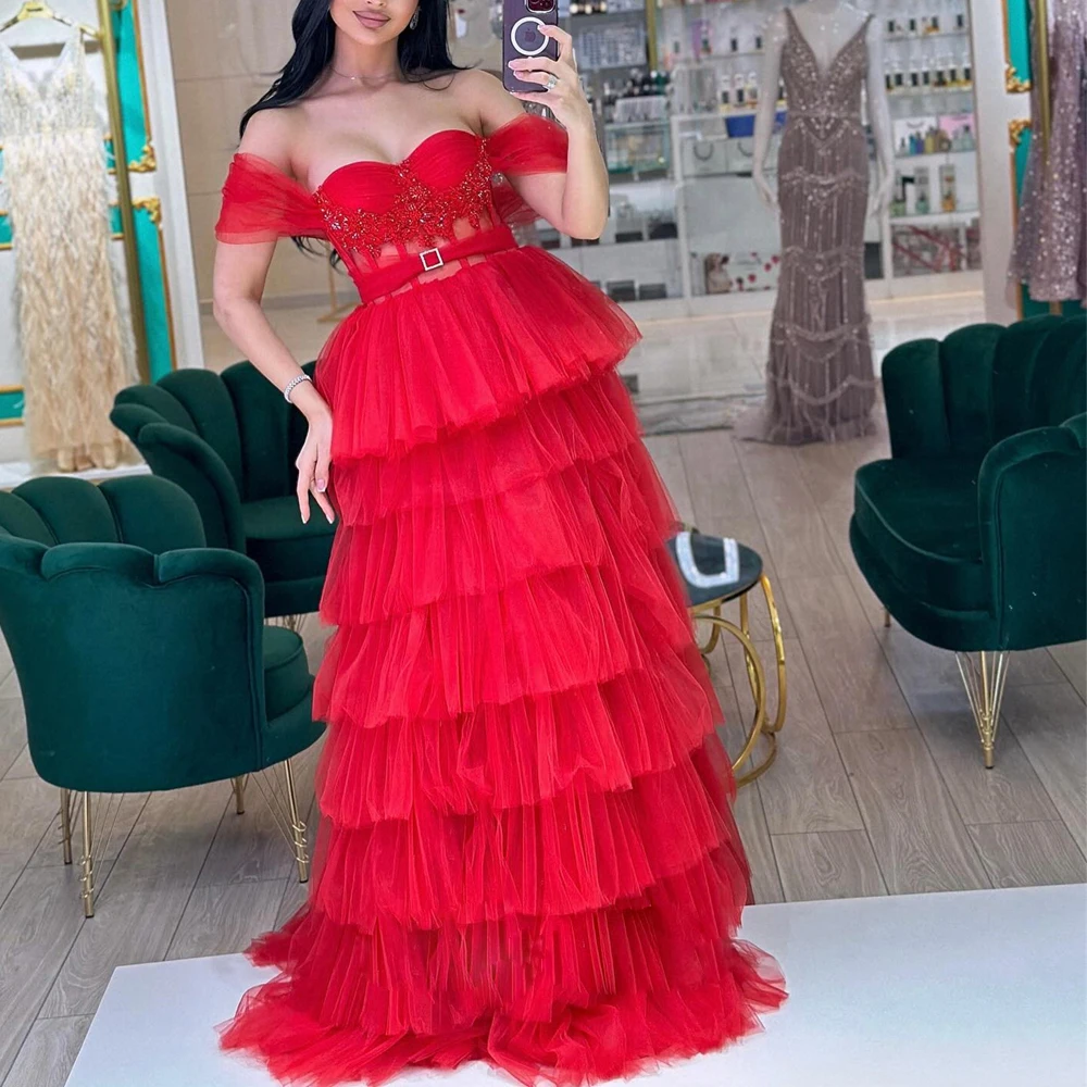 Customized Cap Sleeve Ruffles Evening Dress Sweetheart Multi-layer Prom Gown Red Tiered Tulle Special Occasion Dresses