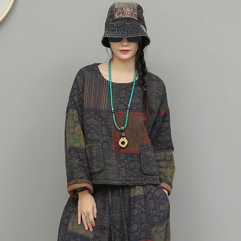 Pulôveres casuais de linho de algodão feminino nova chegada 2025 inverno estilo vintage o pescoço estampa floral feminino grosso casacos quentes m2151