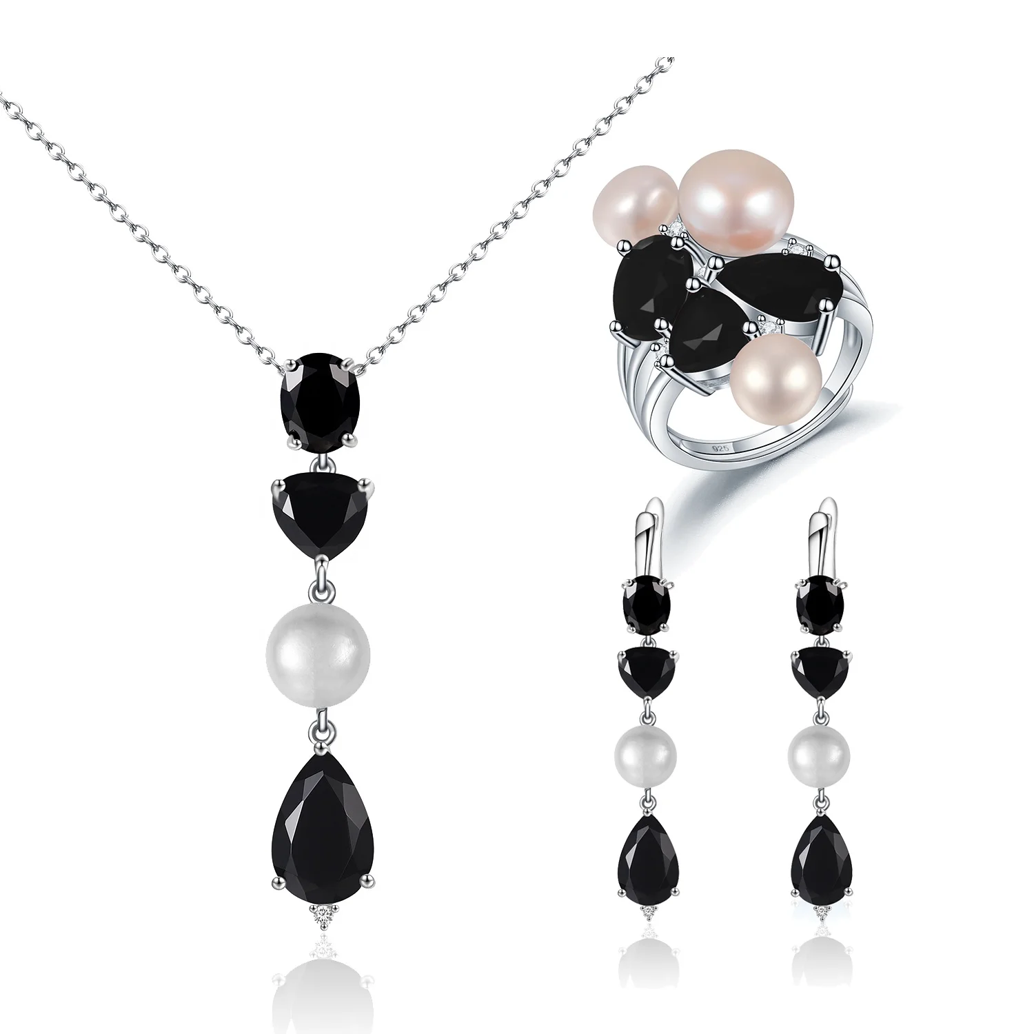 C8319 Abding Classic Fresh-water Pearl Black Onyx Gemstone 925 Sterling Silver Ring Necklace Earrings Jewelry Set