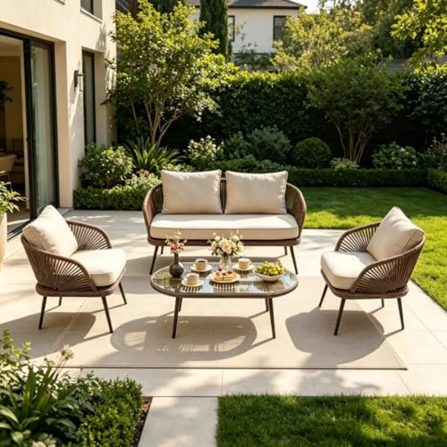 

4-Piece Outdoor Patio Furniture Set for Garden, Pool, Porch, Balcony: All-Weather Rattan Wicker with Removable Waterproof Cushi