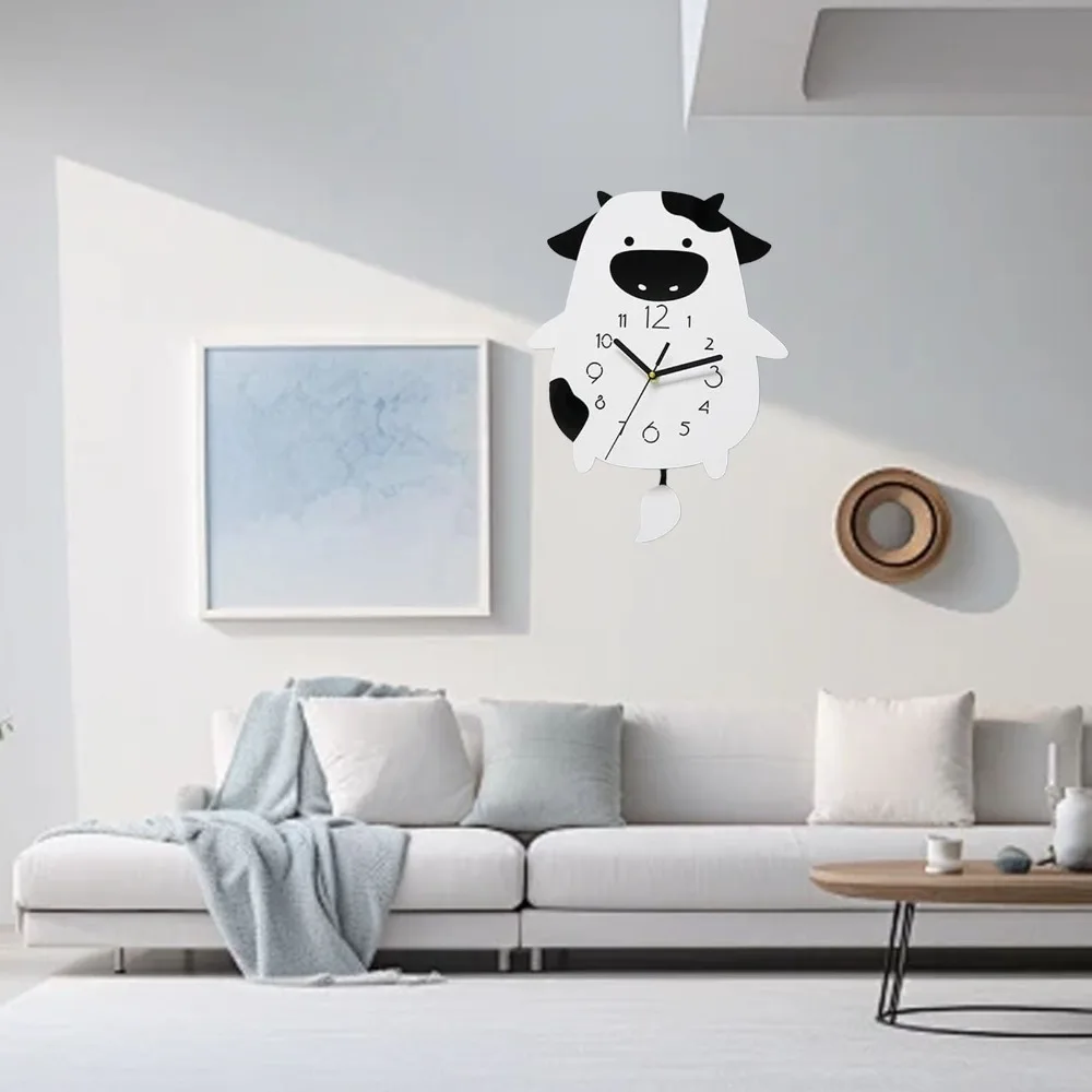 Cartoon Cow Acrylic Wall Clock Silent Movement 10.24X14.57in Cartoon Cow Clock Swing Tail Pendulum Non-Ticking Design