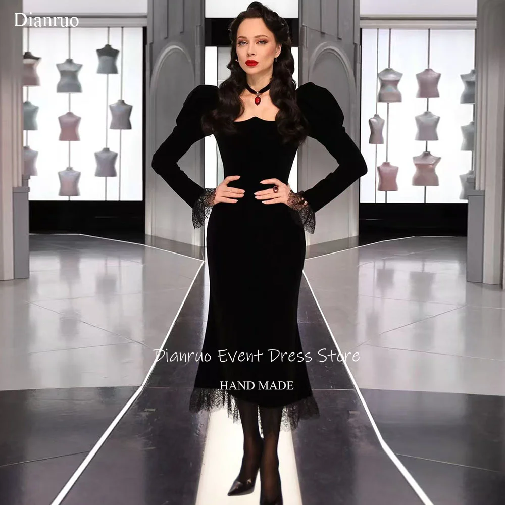 

Dianruo Black Midi Mermaid Evening Dresses Velour Lace Women Luxury Dress 2025 Puff Sleeve Sheath Abendkleider Dubai Customized